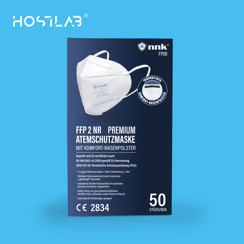 Atemschutzmaske FFP2 NR mit CE2834 Kennzeichnung mit Komfort-Nasenpolster, einzeln im Polybeutel verpackt
