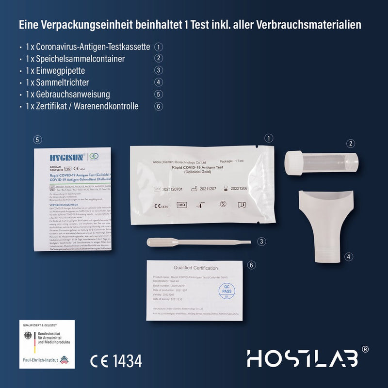 zzt. ausverkauft: 1er Pack | HYGISUN® Corona Antigen Spucktest (Kolloidales Gold) - Selbsttest für Zuhause - CE 1434 zertifiziert