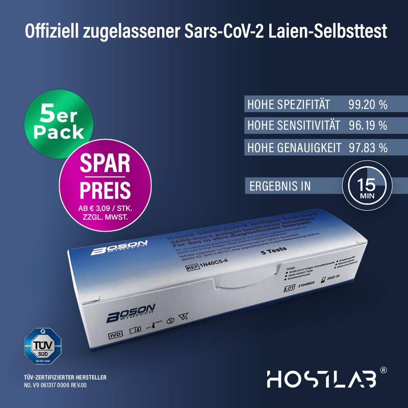 zzt. ausverkauft: 5er Pack | SARS-CoV-2 Antigen-Abstrichtest BOSON® Biotech zur Eigenanwendung durch Laien ("Selbsttest")